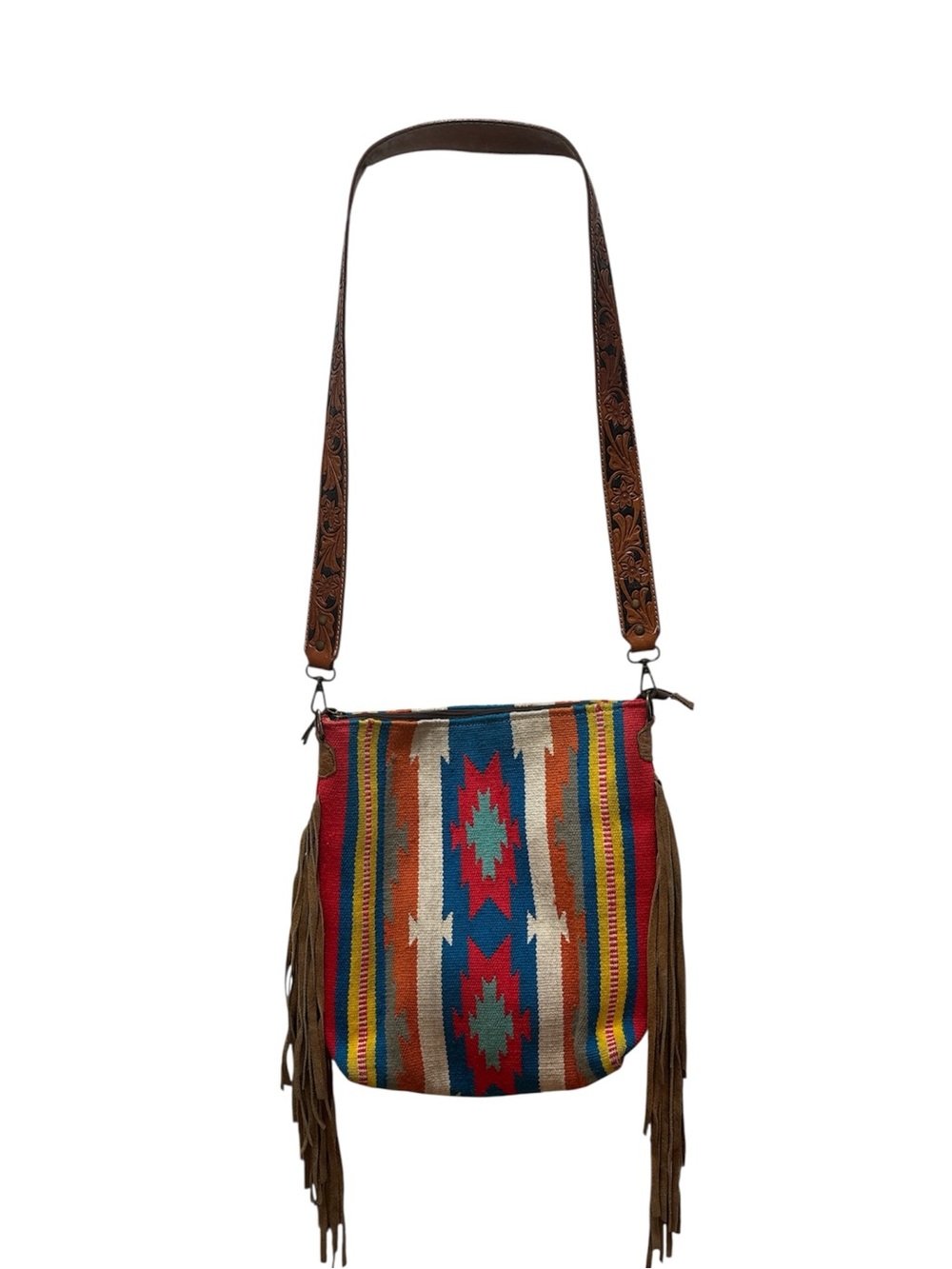 American Darling Fringe saddle blanket Crossbody Bag in tooled leather strap